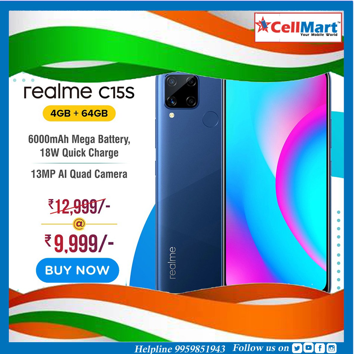 CellmartE's tweet photo. Realme C15s flaunts a 6.5-inch HD+ display with 720x1600 pixels resolution. The phone is come with 3 GB of RAM + 32 GB of internal storage and many more features.
To grab it your's visit to CellMart Electronics. https://t.co/4c5xK6fjEs