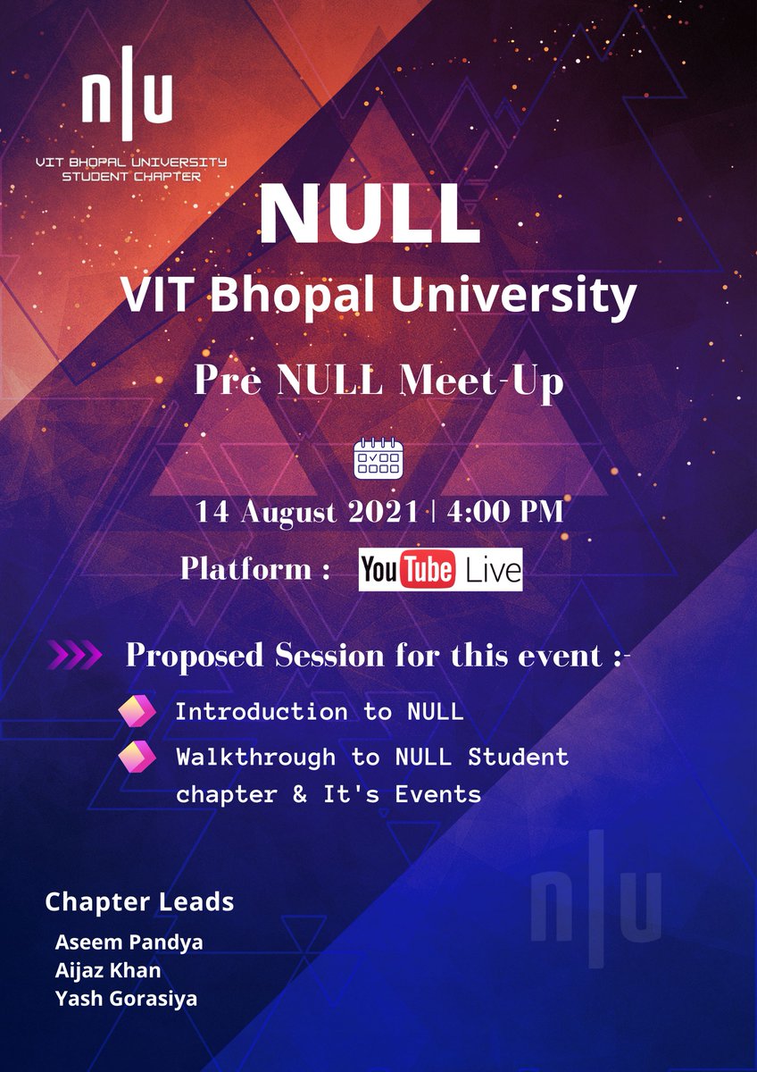 null0x00's tweet image. We are glad to announce that a new null student chapter VIT Bhopal is formed.

Congratulations!!! null student chapter VIT Bhopal Chapter leaders:
Aseem Pandya(@aieempandya)
Aijaz Khan(@Edge_AzE)
Yash Gorasiya(@r3v3Ncl4W)

#nullcommunity #nullopensecurity