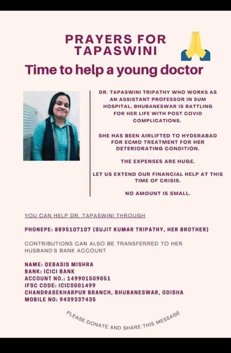 My PG batchmate from dermatology department and hostelmate  @scb_alumni. Sending prayers and also the bit I can do. Please help if you can #MedTwitter #CovidWarrior