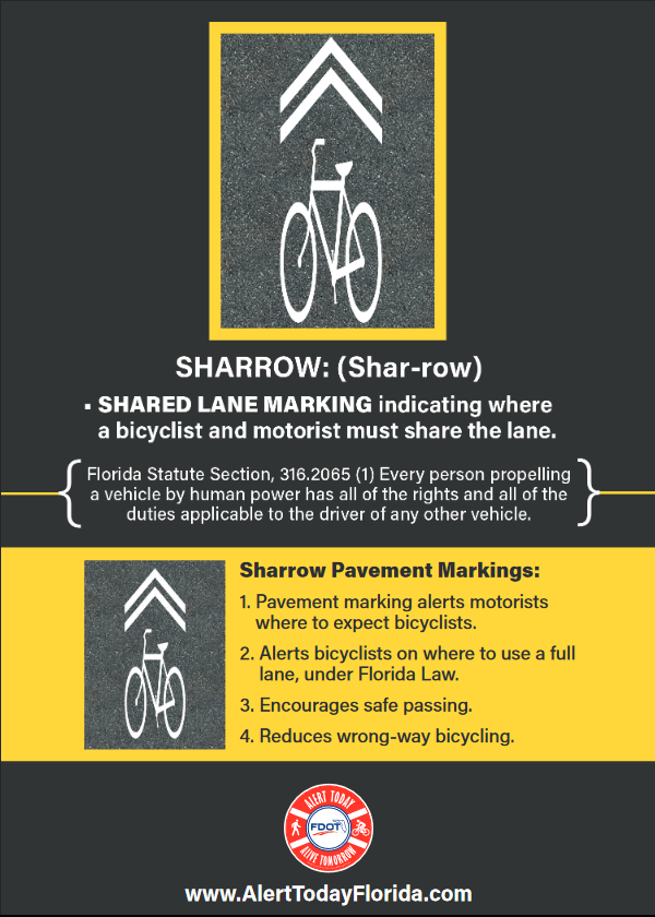 pbcgov's tweet photo. Do you know what a “Sharrow” is?  Throughout Florida there are these road markings in the middle of a lane showing a bicycle with two arrow lines above it. This is a Sharrow! https://t.co/jJCACWEhcf. #FDOT #ShareTheRoad #BikeSafety https://t.co/nt6haQgsyN