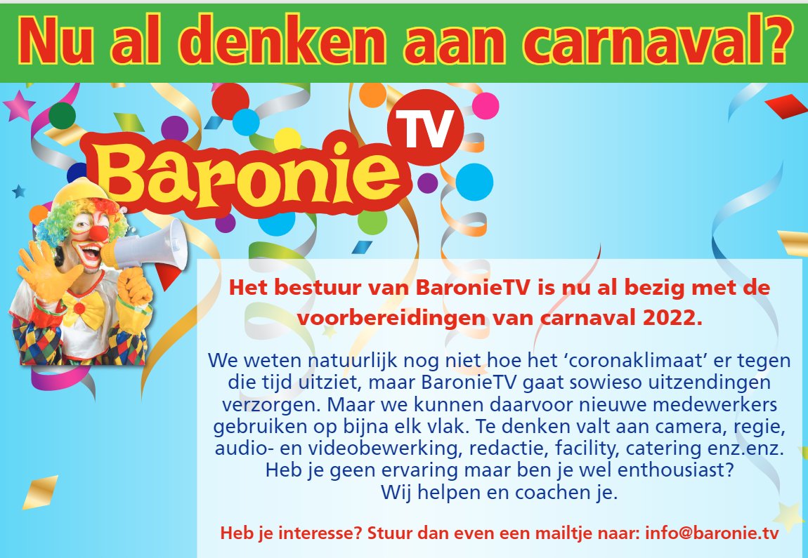 Goed uitgerust terug van vakantie? Baronie.TV is er klaar voor. Doet U met ons mee? baronie.tv/vrijwilligers/ of stuur een mailtje info@baronie.tv  #vacatures #vrijwilligers #breda #baronietv #carnaval2022 #CARNAVAL