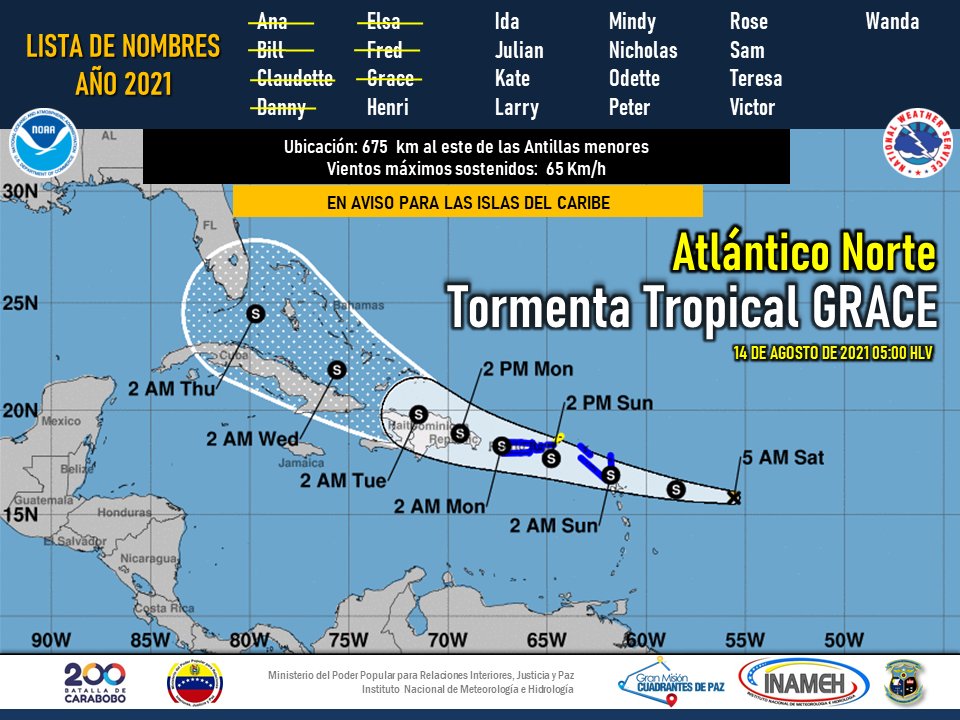 #14Ago #INAMEHInforma Se forma la Tormenta Tropical Grace a 675 km al este de las Antillas Menores. Tiene vientos máximos sostenidos de 65 km/h. No representa riesgo directo para Venezuela <a href="/tutiempopereira/">Jose Ramon Pereira</a> <a href="/gestionperfecta/">Carmen Meléndez</a> <a href="/NicolasMaduro/">Nicolás Maduro</a> <a href="/NestorLReverol/">Néstor Reverol</a> <a href="/MIJP_Vzla/">MPPRIJP</a>