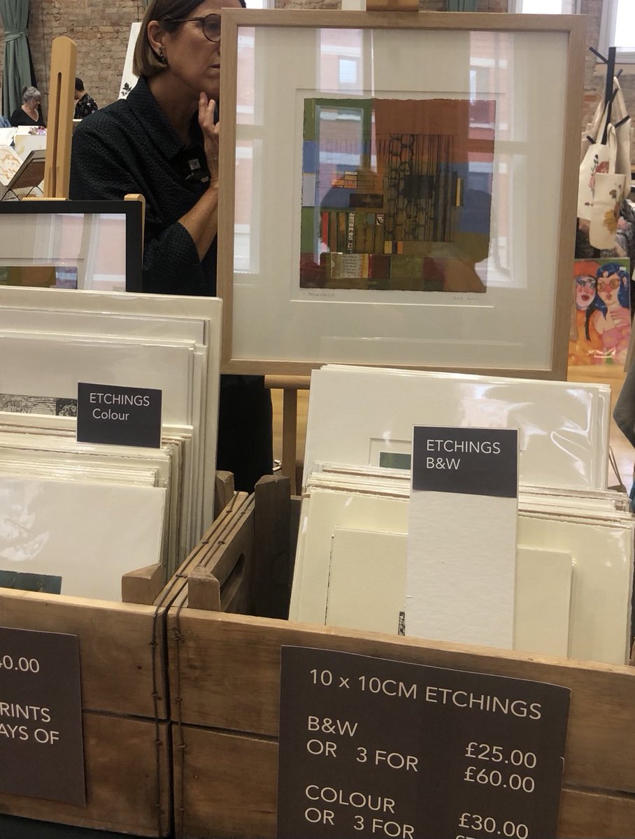 ⁦@JaynePellington⁩ &amp; ⁦<a href="/PauletteBansal/">Paulette Bansal</a>⁩ of reveal printmakers all set up at HalleSt Peters for Art All Dayer with cottononmcr. Today only 11-6.