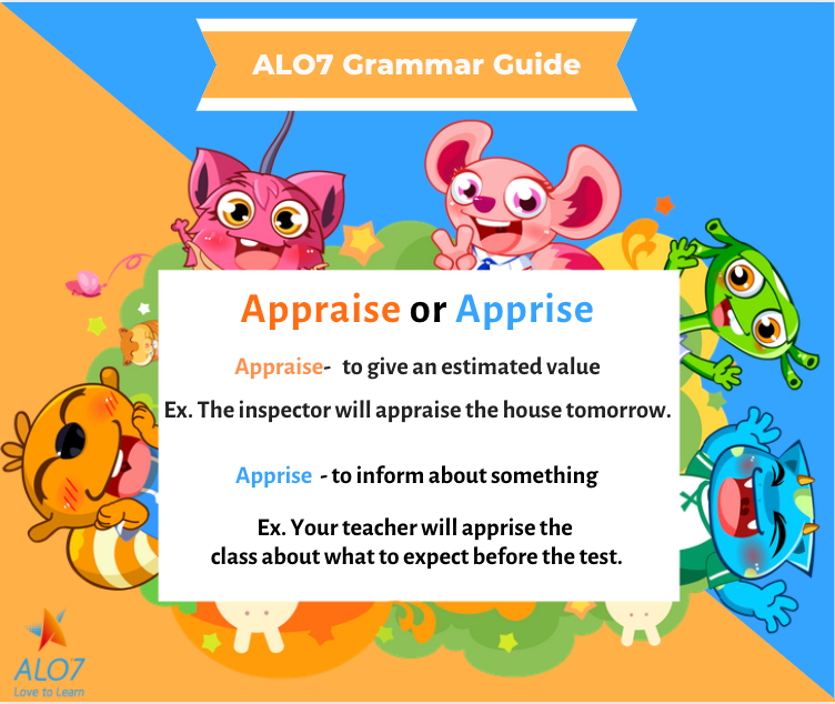 Alo7English's tweet photo. ALO7 Grammar Guide: Appraise or Apprise?
Would an inspector appraise or apprise a property value? What do your students think about this similar word pair? https://t.co/o8Ew7gRjGx