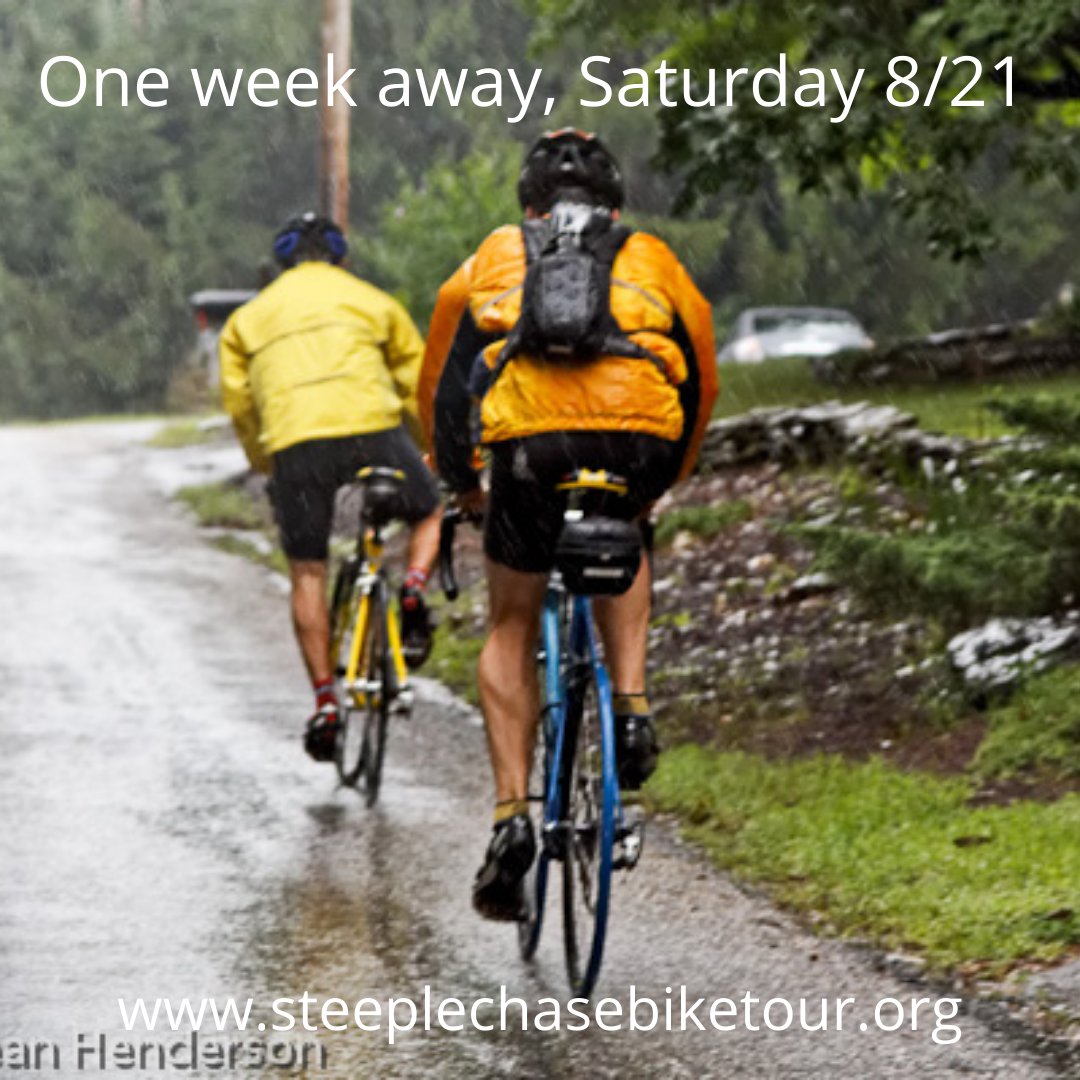 ONE WEEK AWAY! The Steeple Chase happens rain or shine on 8/21 to raise money for three excellent human service non-profits. Register today for a fun event that makes a difference in the lives of so many people. 
steeplechasebiketour.org