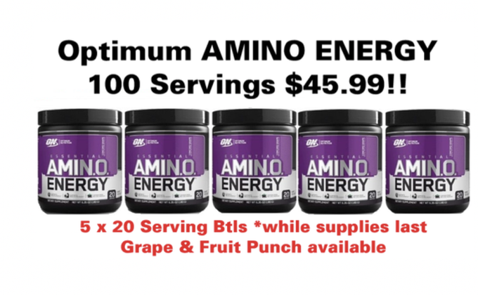 Don't miss this amazing deal  - get 5, 20 serving sized bottles, that's 100 servings -  of Optimum Nutrition Amino Energy - Fruit Punch and Grape flavor - for only $29.99 with coupon DPS10!

Order now at -> https://t.co/tILcFd5WZs

#OptimumNutrition #TrueStrength @Team_Optimum https://t.co/dSst0XESrp