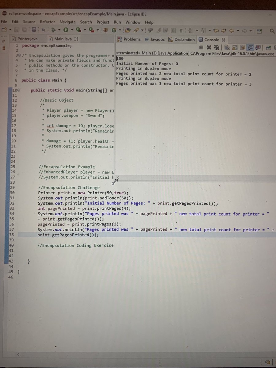 KailaMayho's tweet image. Java is a backend programming language which handles all of the actions behind the scenes. This problem using encapsulation to help the print solve his problem.
Thank you for the support.
#javaprogrammers #javaprogrammer #printer #softwaredevelopment #intellij #macos #java