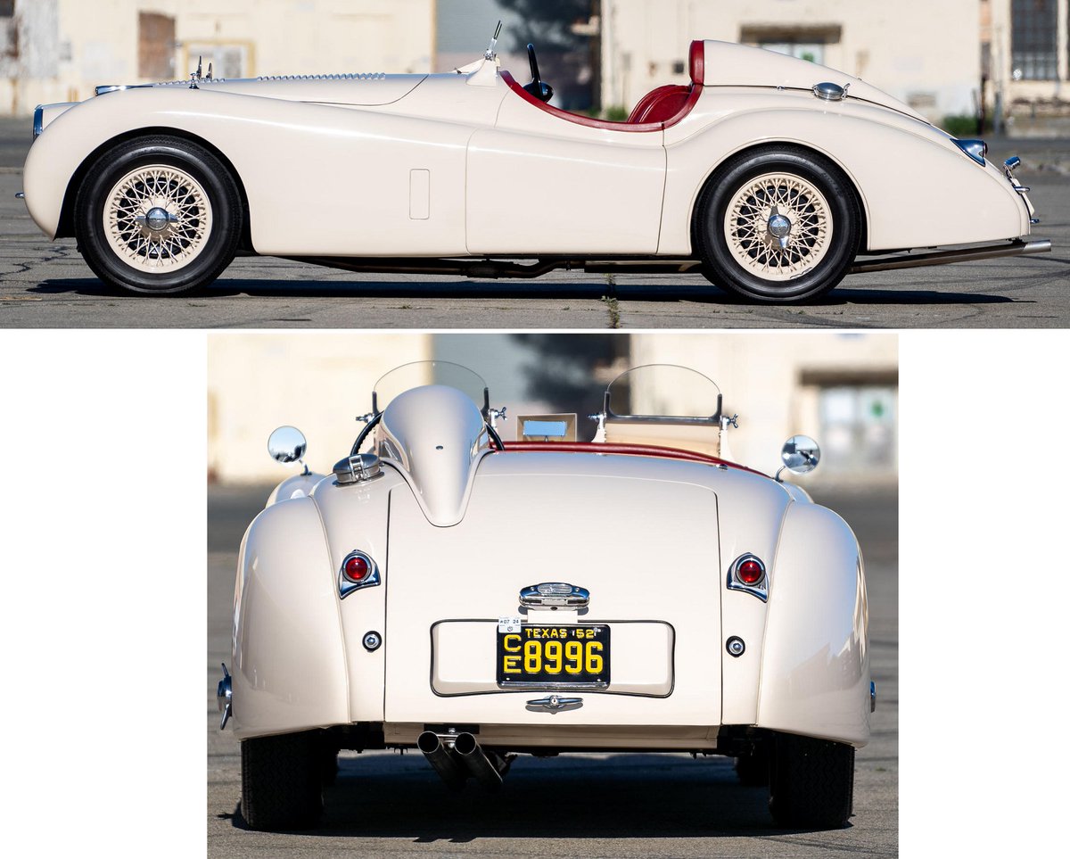 UltimativCars's tweet photo. #QuailLodge2021
The #Jaguar #XK120 3.4L (1950-54) was made as #OTS/#OpenTwoSeater/#Roadster in 7,606 units, of which 6,436 were #LHD|s.
This 1952-unit was est. at US$120-150k (100-130k €), but couldn't been sold.
Was its #OldEnglishWhite not peppy enough for the Golden State? https://t.co/cMktqSpiqZ