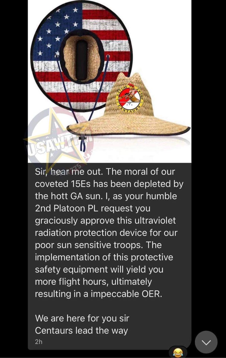 TheWTFNation's tweet photo. All valid reasons! I would grant permission, but I'm also the same guy that told his commander that the Signal Sombrero was a thing for morale
@Commo_WTF https://t.co/et2KMbAbjK