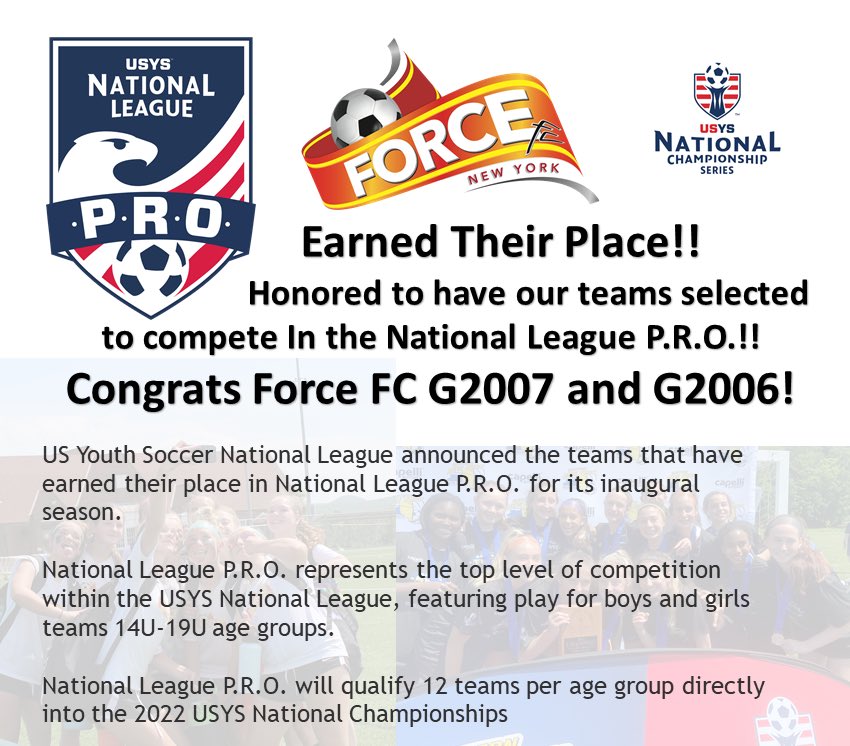 ForceFCNY's tweet photo. So Proud and honored for our teams being selected for NationalLeaguePRO good luck Force FC G07 &amp; G06! #EarnYourPlace @USYouthSoccer @NationalLeague #Forcefc #thenextlevelisnow #weareforcefc https://t.co/7oBnph2cCi