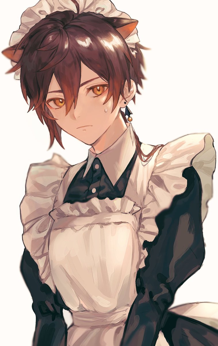 zhongli (genshin impact) male focus 1boy bangs maid solo simple background alternate costume  illustration images