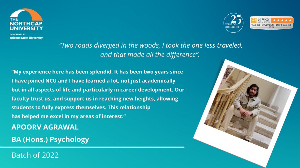 NorthCap_Univ's tweet photo. Here is Apoorv Agarwal, BA (Hons.) Psychology, sharing his #experience at The NorthCap University thus far. We hope Apporv continues on his splendid journey where we can be a guiding light and an encouraging force.
#Studenttestimonies #admissionsopen https://t.co/STYCY3l1gs
