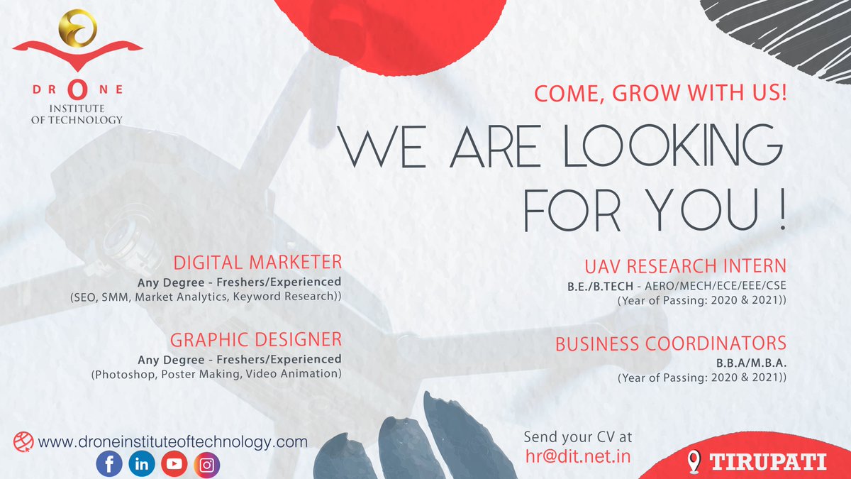 dit_india2020's tweet photo. We are looking for passionate candidates to work with us for varied profiles to our design and marketing team.

E-Mail us your resume at hr@dit.net.in

#drone #uav #internship #intern #researchintern #dronepilot #drones #aviation #research #engineers #engineering  #dronesforgood https://t.co/PCsZkuHCVv