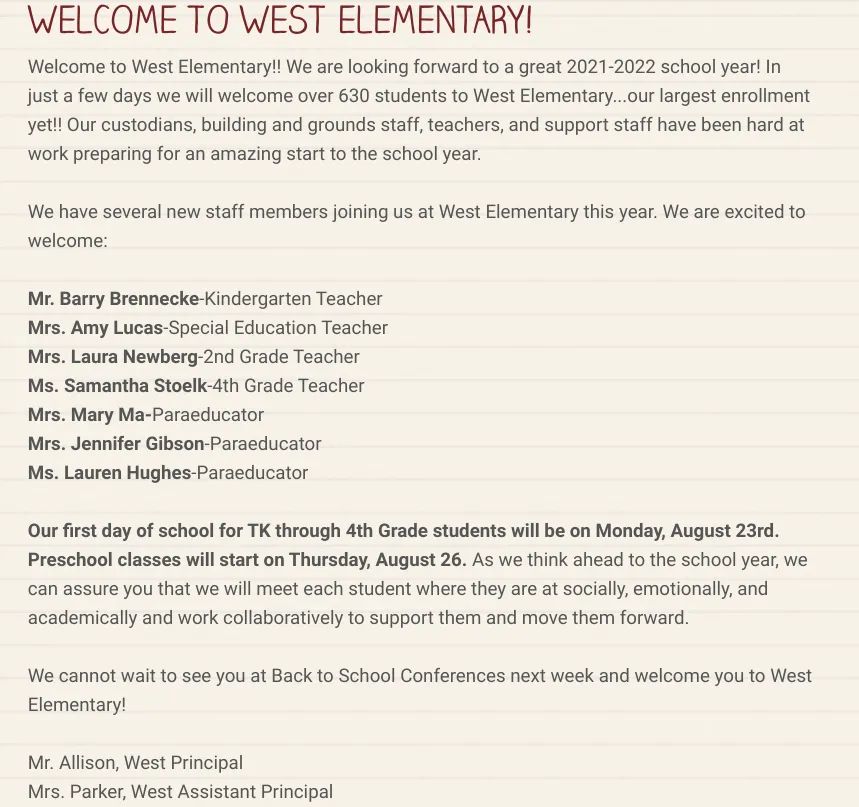 West Elementary Weekly Newsletter.  Visit smore.com/dvsk2  to view our weekly newsletter.