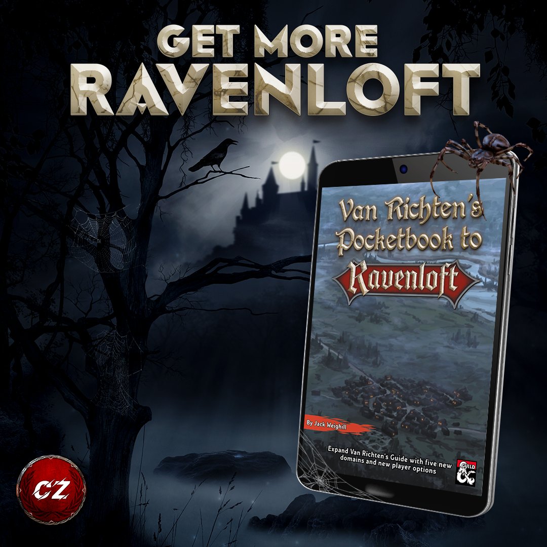 czeuch1's tweet image. Van Richten's Pocketbook to Ravenloft, by @diceaveragejack is out on @dms_guild:

💀Five detailed Domains of Dread 
💀Over a dozen new monsters 
💀A new race, subclasses, and magic items for player characters 
💀A color map for each domain

buff.ly/3j9KDnh