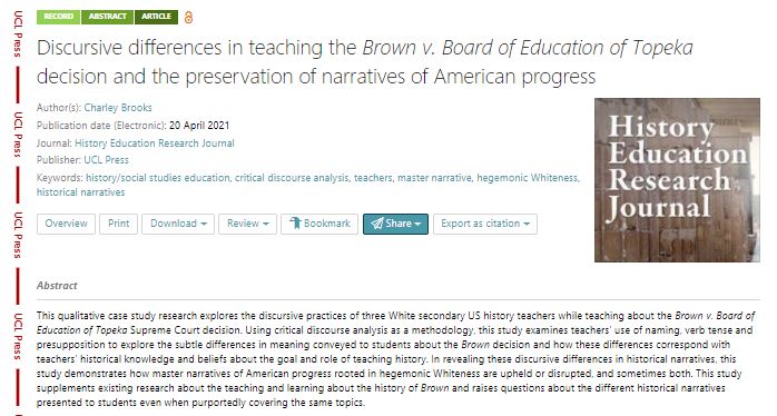 uclpress_ed's tweet photo. NEW! HERJ 18.1: Charley Brooks shares her research.
#OpenAccess article @Science_Open read it here!
https://t.co/csoIm8DuoT
#Education #MasterNarrative #HegemonicWhiteness #HistoricNarratives @HERJ_Journal @UCLpress @ArthurJChapman https://t.co/5MX6zdxoK0