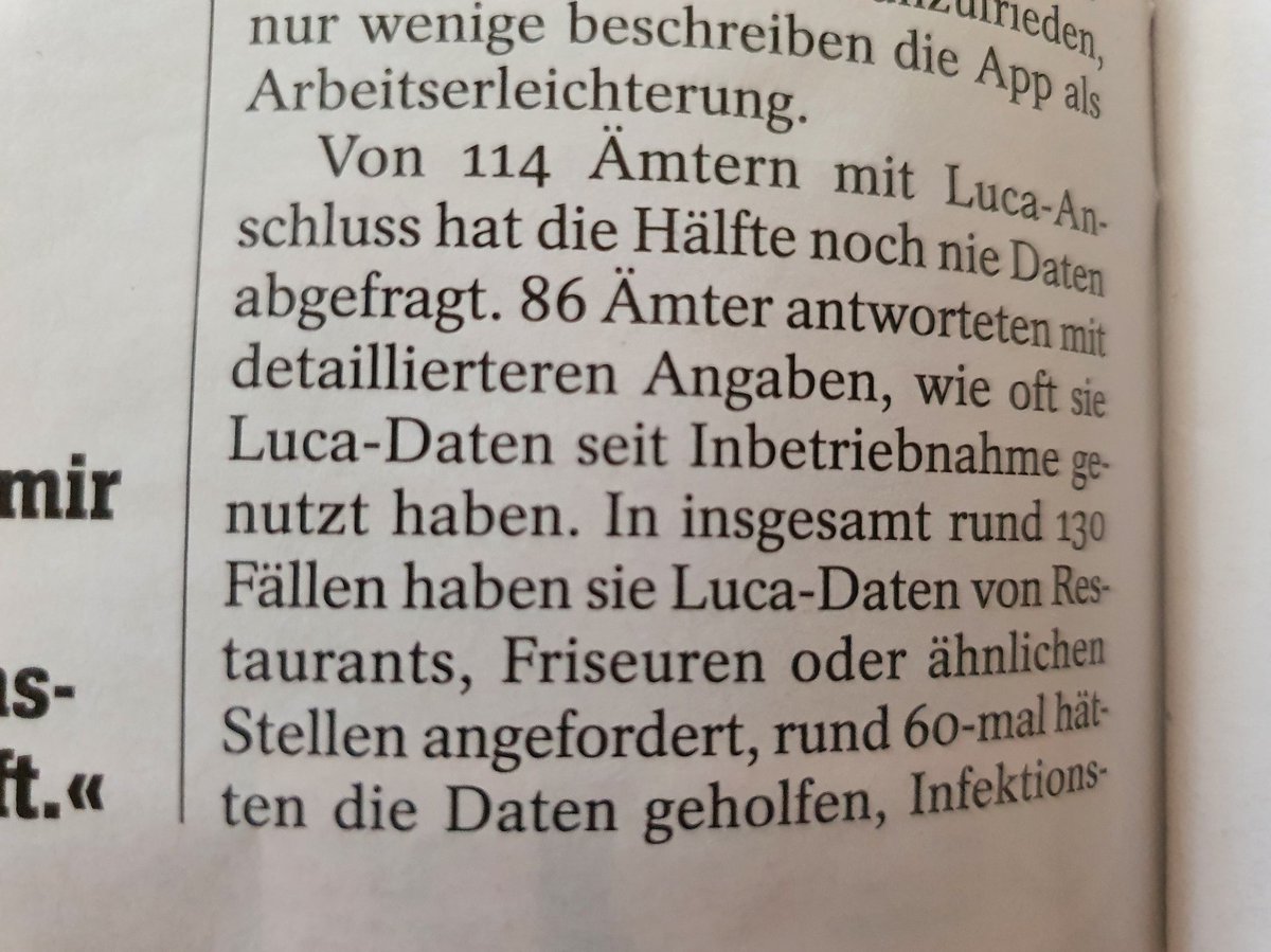 13 Bundesländer haben für 21,4 Millionen Euro die #LucaApp gekauft. Seither gab es rund 130.000 Infektionen. In genau 60 Fällen konnte die App bei der Kontaktverfolgung helfen. 

Sechzig.