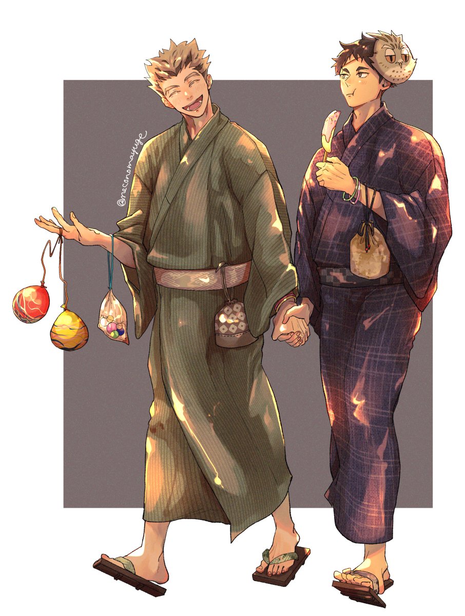 japanese clothes multiple boys 2boys male focus kimono holding hands mask  illustration images