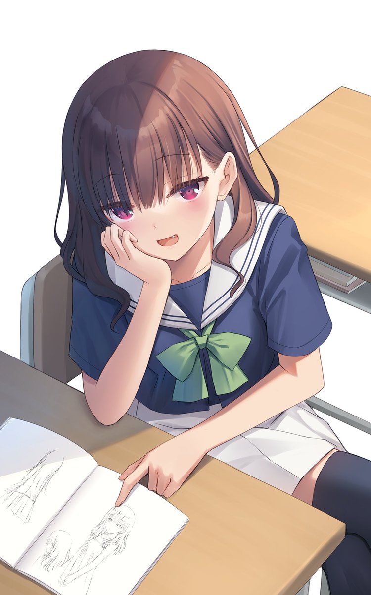 thighhighs school uniform 1girl brown hair white skirt skirt desk  illustration images