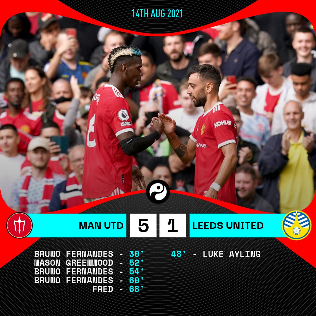 Squawka's tweet image. Four assists for Paul Pogba
Three goals for Bruno Fernandes
Three points for Manchester United

What an afternoon in front of the Old Trafford fans. 😍