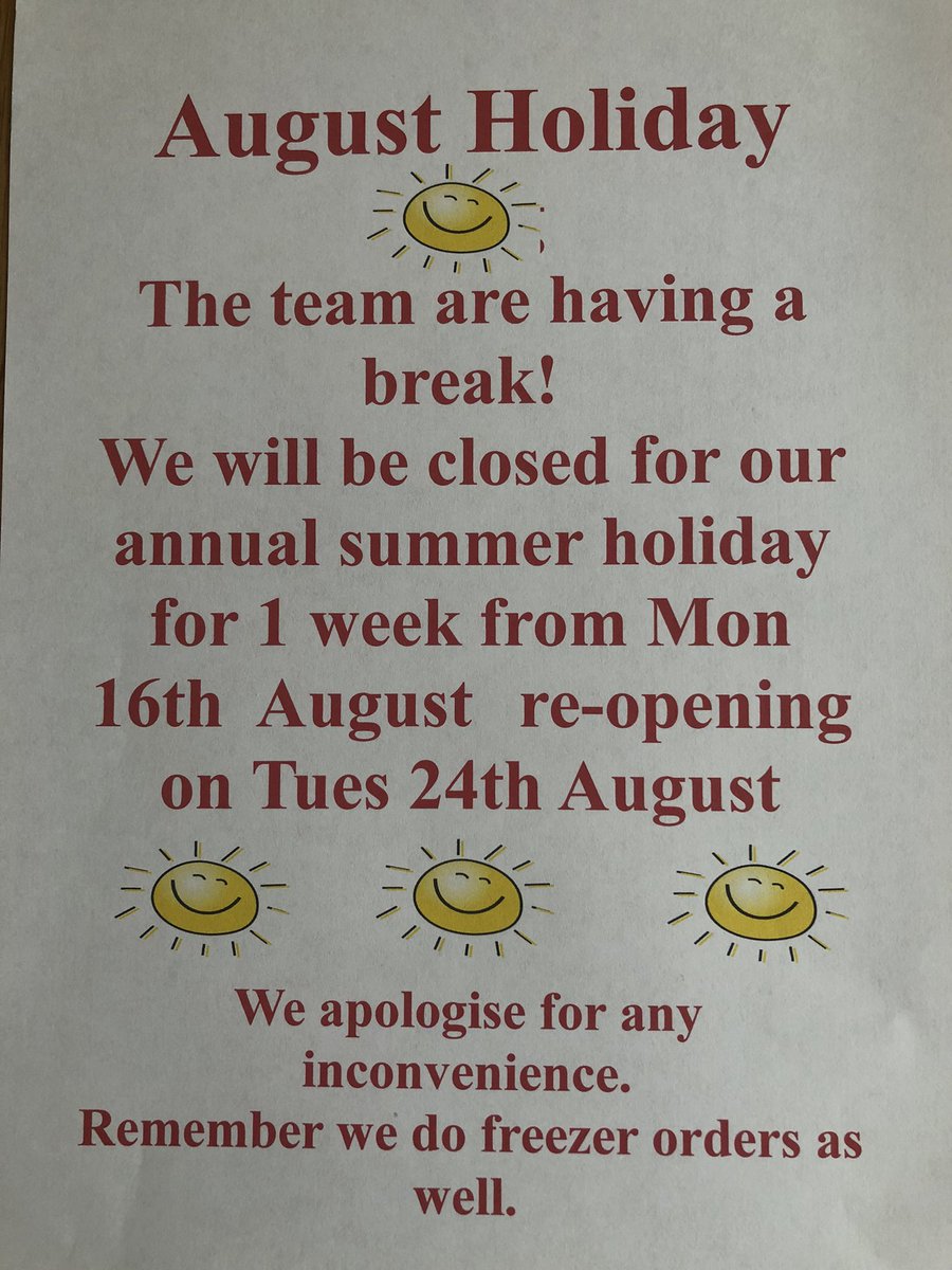 tdalinlithgow's tweet photo. A reminder that @tdalinlithgow are having a wee holiday and will be closed for a week. Apologies to our customers for any inconvenience. @OneLinlithgow @MyLinlithgow https://t.co/sXJLJetDYp