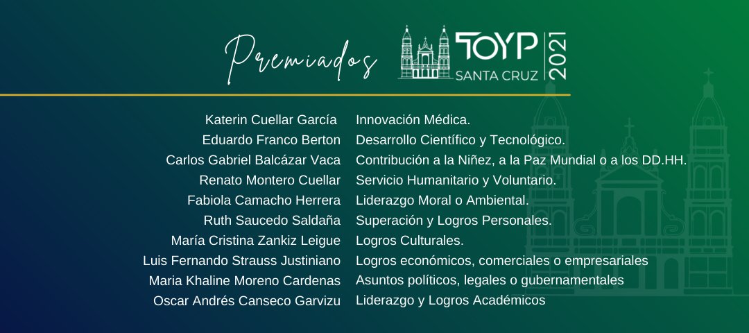 VerdeHabitat's tweet photo. 🏆✨ PREMIOS JCI TOYP SANTA CRUZ 2021 ✨🏆
Te presentamos la lista de nuestros galardonados del los Premios TOYP Santa Cruz 2021.
Los 10 jóvenes sobresalientes de Santa Cruz
#JCISantaCruz
#JCIOriente
#PremiosTOYPSantaCruz https://t.co/nO2gIZEAXp