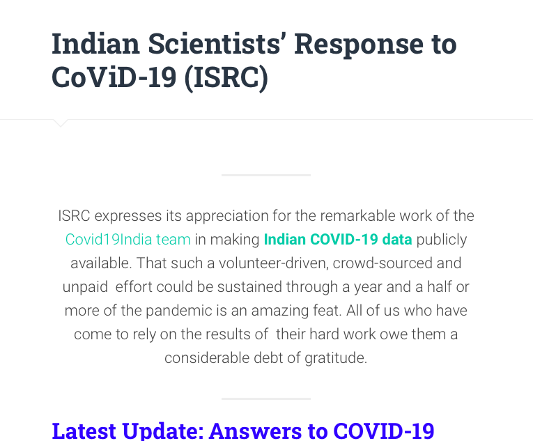 IndSciCOVID (@indscicovid) on Twitter photo Saddened to hear <a href="/covid19indiaorg/">covid19indiaorg</a> is drawing to a close. We are very grateful for your service.
Full statement at our homepage: indscicov.in Saddened to hear <a href="/covid19indiaorg/">covid19indiaorg</a> is drawing to a close. We are very grateful for your service.
Full statement at our homepage: indscicov.in