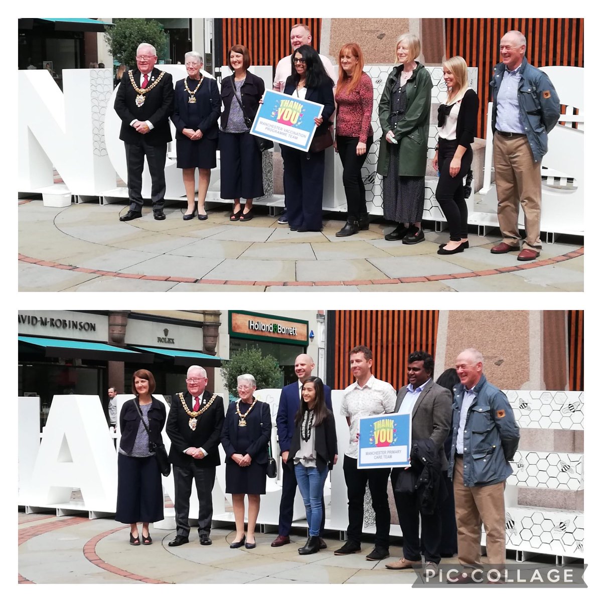 Lovely to be in the heart of the city to say “ Thank you “with all the teams Emotional to remember the hard times as well as the celebration of resilience and looking to the future ⁦@MHCCPrimaryCare⁩ ⁦@ManCityCouncil⁩ #Covidvaccine ⁦@TeamGP⁩