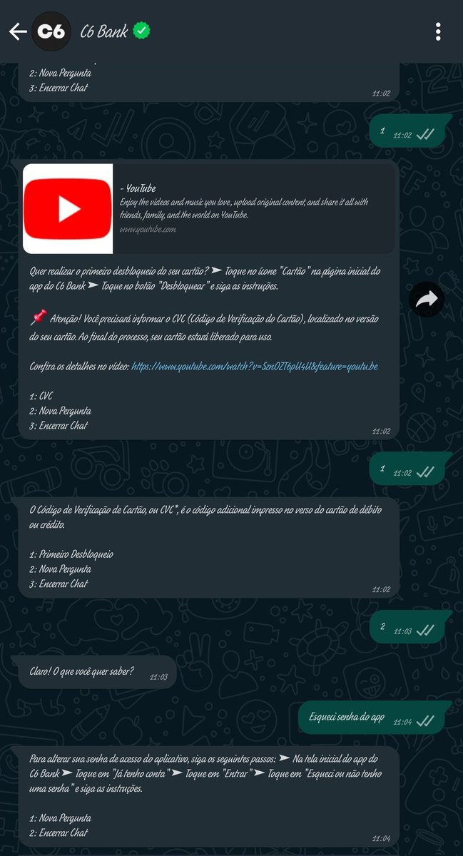 Parabéns pelo atendimento <a href="/C6Bank/">C6 Bank</a>, eu simplesmente não consigo falar com ninguém e resolver meu problema, eu não consigo acessar o app e alterar minha senha por que não tenho mais o celular cadastrado anteriormente. Mas vcs insistem que eu devo falar pelo chat do app.