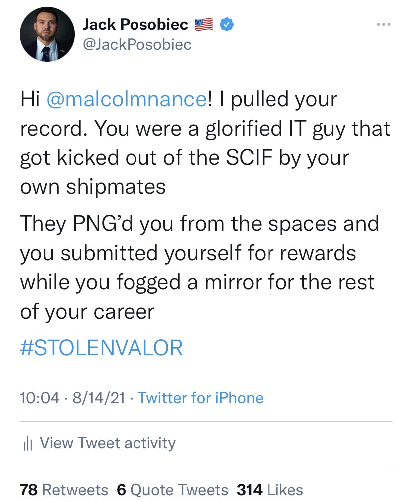 JackPosobiec's tweet photo. Stolen Valor Nancy got scared https://t.co/sIdJOL4zWN