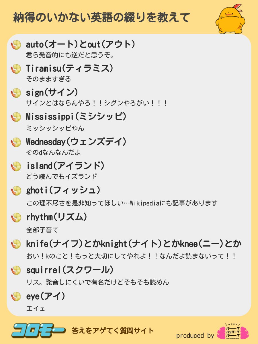 ホワーイアメリカンピーポー 納得いかない英語の綴りシリーズで みんな思ってたいろんな疑問が噴出 カタカナ表記が悪いだけかも Togetter