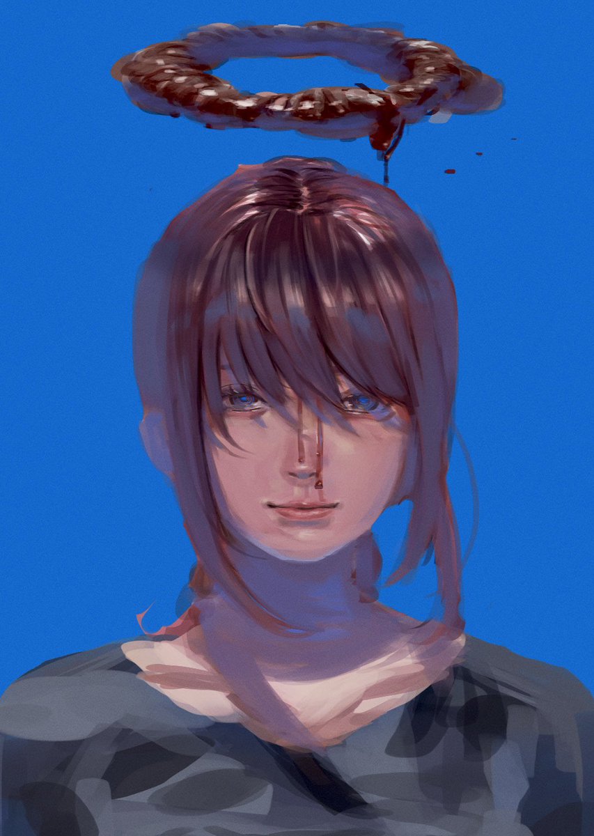 makima (chainsaw man) 1girl blue background solo halo simple background blood looking at viewer  illustration images