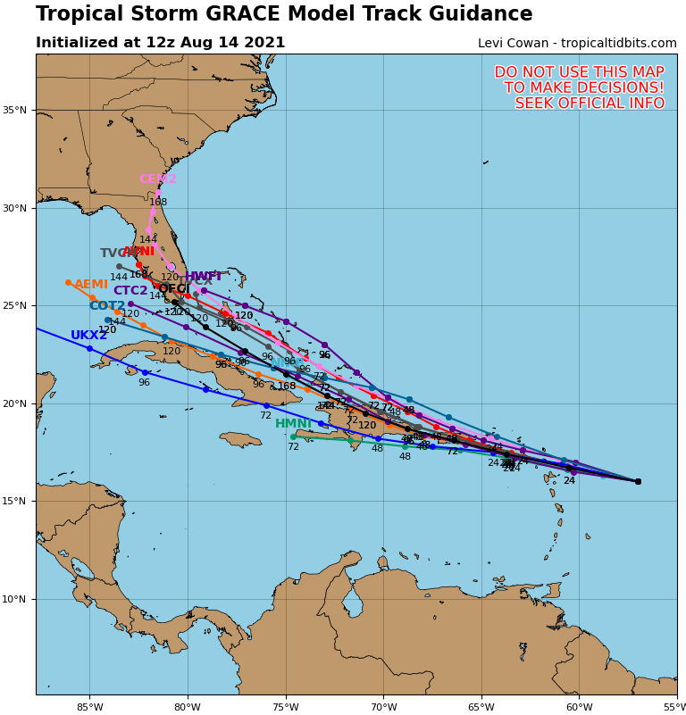 JohnMoralesTV's tweet photo. Actualización de modelos de esta mañana para Grace. Casi todos cerca o sobre PR y RD, con mayor esperanza para que RD termine en el lado débil y más inactivo de la tormenta. 11 de 13 modelos de intensidad la mantienen por debajo de fuerza de huracán antes de llegar al área. https://t.co/mcDohBBQS1