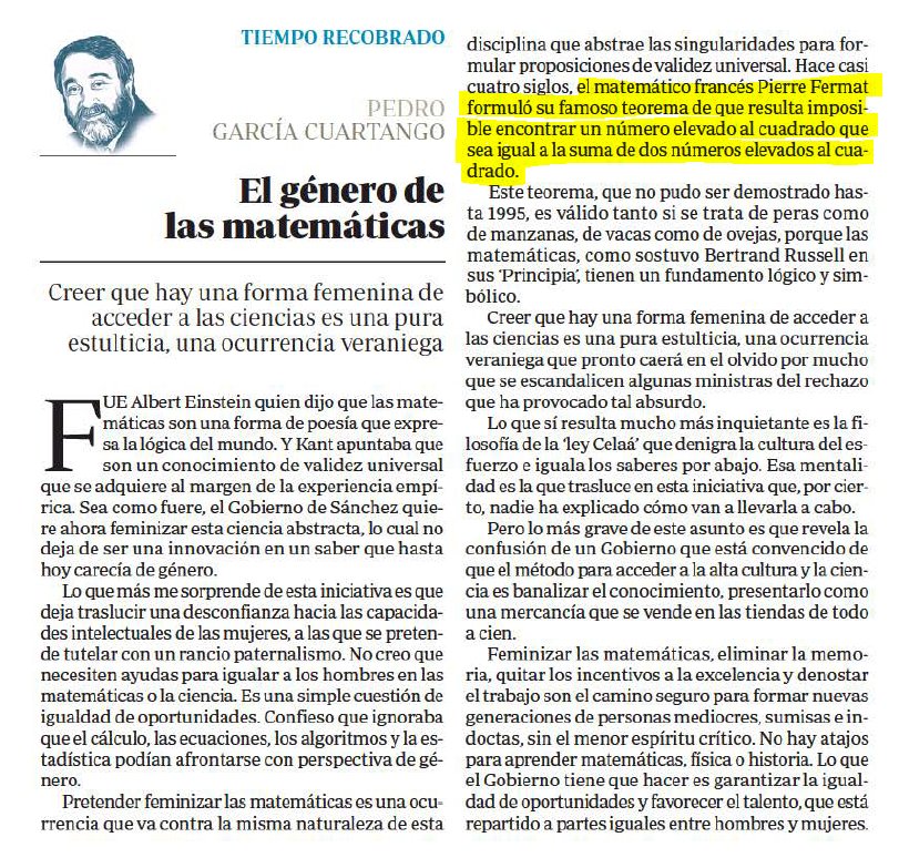 luismiglesias's tweet photo. Un minuto de silencio por las ternas pitagóricas. Por lo visto, en base al nuevo Teorema de Fermat enunciado por este señor, propone eliminar del currículo los triángulos rectángulos ya que, según el nuevo teorema, es producto de nuestra imaginación. https://t.co/YsRWo4O3Zm