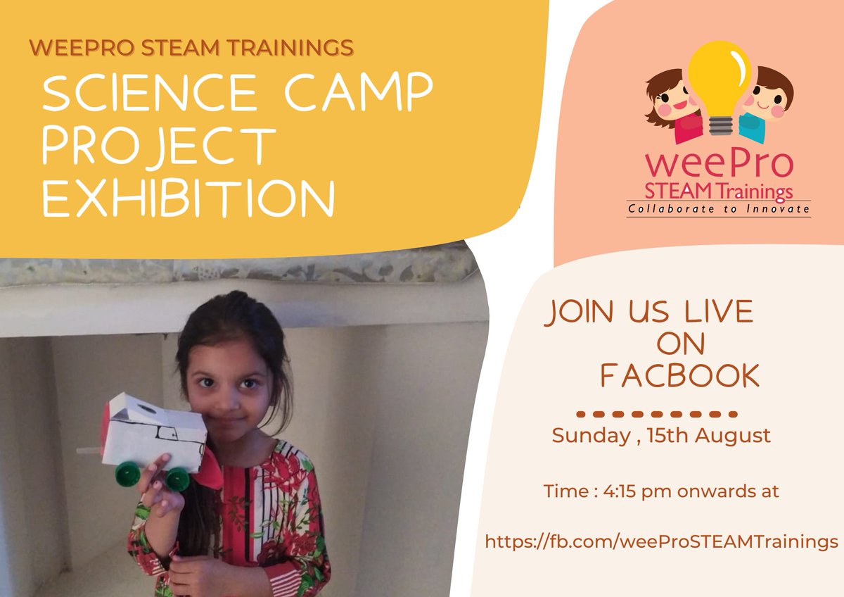 coding_weepro's tweet photo. Join us and witness the sheer enthusiasm and synergy of our Science Camp Learners. Join us on FB live event Live on #Sunday #4pmPKT
https://t.co/05yMrA5itS
#sciencecamp #bootcamp #stemforkids #projectexhibition #girlswhocode #girlsinstem #STEMeducation #joinus #fbliveevent https://t.co/dnvJdL1VYY