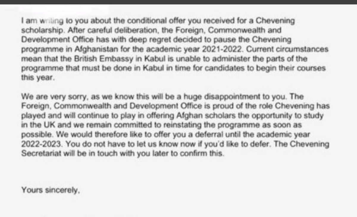 Deeply disappointing to hear - on top of everything - that Afghans who received Scholarships from the UK government to study in the UK this year have now been told they will not be granted visas due to "administration issues". Surely someone can sort this out?