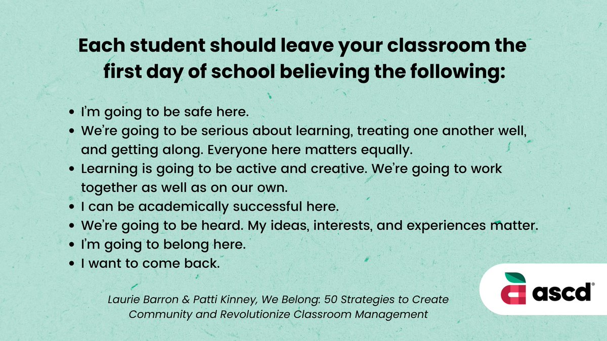 EL Magazine (@elmagazine) on Twitter photo Each student, no matter the grade level, should leave your classroom the first day of school believing that they belong, write <a href="/ASCD/">ASCD</a> authors <a href="/LaurieBarron/">Dr. Laurie Barron</a> & <a href="/pckinney/">Patti Kinney</a>.
bit.ly/3xK6mY3 #edchat Each student, no matter the grade level, should leave your classroom the first day of school believing that they belong, write <a href="/ASCD/">ASCD</a> authors <a href="/LaurieBarron/">Dr. Laurie Barron</a> & <a href="/pckinney/">Patti Kinney</a>.
bit.ly/3xK6mY3 #edchat
