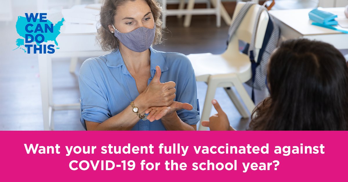 CDCgov's tweet photo. Have a safe school year! Getting fully vaccinated against COVID-19 takes 5-6 weeks, depending on the vaccine. Students ages 12 and older are currently eligible. Find vaccines near you at https://t.co/2akIUZ14Rd. #WeCanDoThis https://t.co/1GL1Gd6976