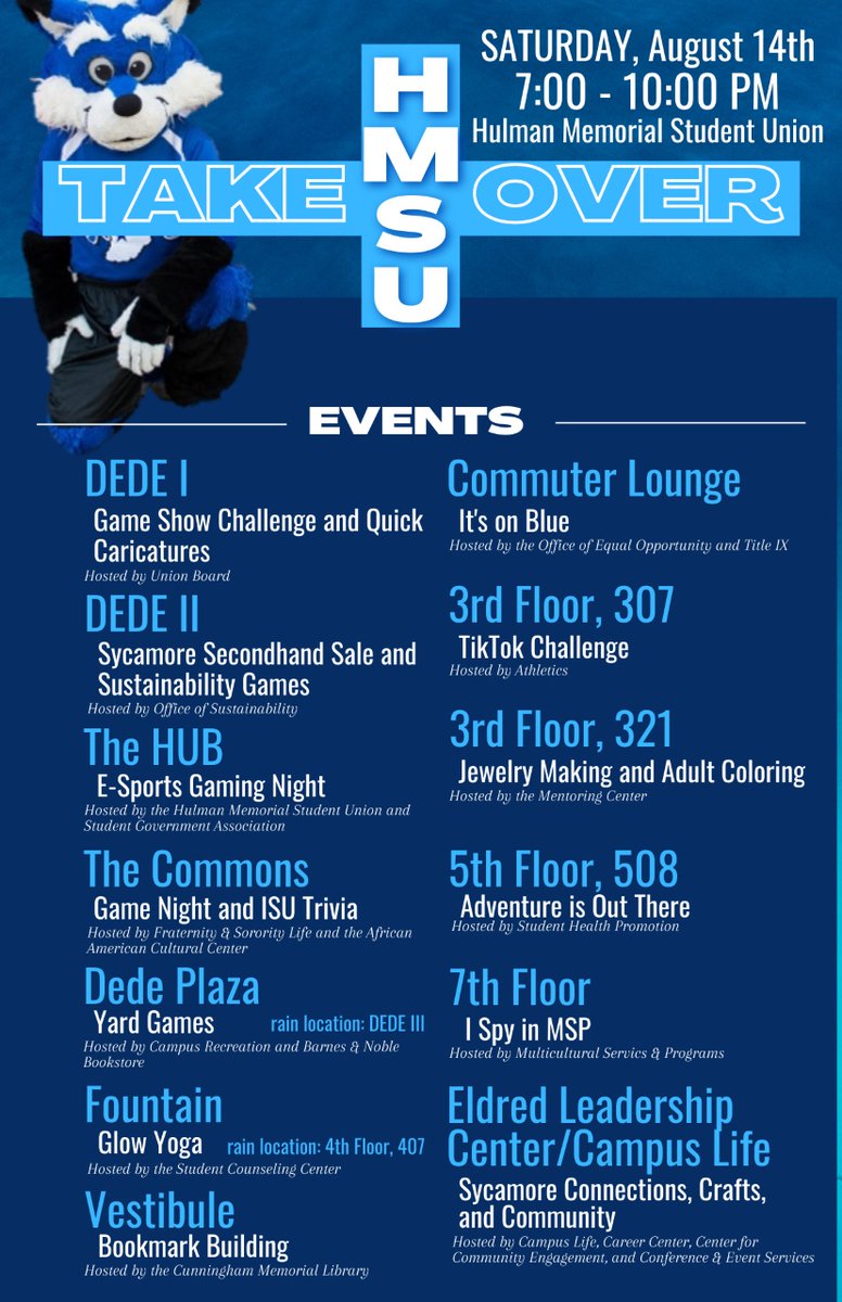 StateHMSU's tweet photo. Welcome Back Sycamores! TONIGHT, Saturday, August 14th, is the HMSU Takeover from 7:00-10:00 PM! Hope to see you all there! Go Sycamores! #indianastateuniversity https://t.co/JJlx2f06Mv