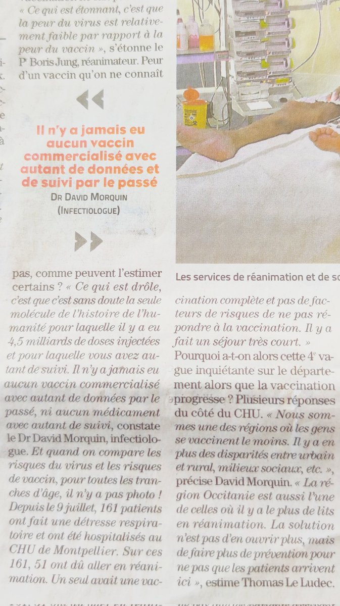 ThierrySalomon's tweet photo. Au CHU de Montpellier "depuis le 9 juillet 51 patients hospitalisés en détresse respiratoire pour le Covid ont dû aller en réanimation. Sur ces 51 un seul avait une vaccination complète sans facteur de risques et n'a fait qu'un séjour très court"
CQFD
Midi Libre 1er août https://t.co/ewaoMxyprK