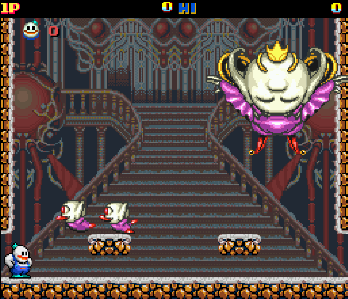 A quick look at the boss fight you'll face (if you can make it that far!) in our Snow Brothers Fan Game.

Full version now available for free or for a donation! devorion.itch.io/snow-brothers-…

#indiegame #indiedev #screenshotsaturday #GodotEngine