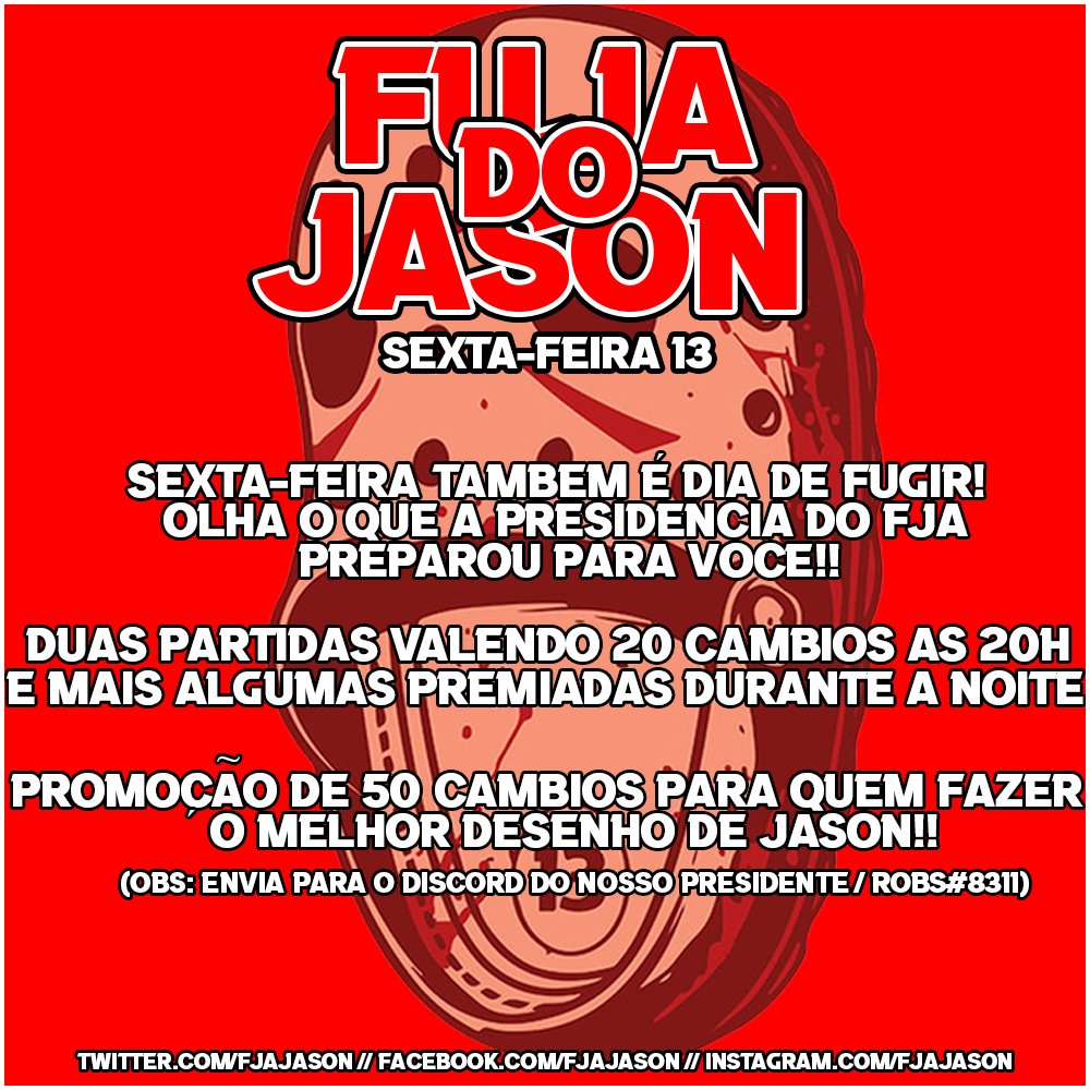 FJAJason's tweet photo. PROMOÇÃO DE DESENHO!

Ainda em ritmo de sexta-feira 13, lançamos uma promoção de desenho valendo uma barra. O objetivo é desenhar o personagem Jason, o desenho pode ser feito manuscrito ou em pixel ART. A imagem deverá ser enviada para o Discord Robs#8311 até o dia 16/08. ☠️💰✍️ https://t.co/ghvIH4kYh2