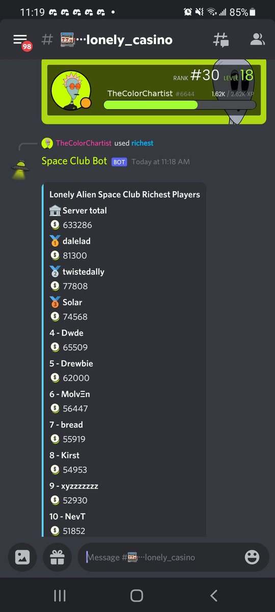 G_BazCrypto's tweet photo. Congratulations @wesleytate for not being anymore in the race to the #85K #CustomBackground from the @thelonelyaliens Discord Casino. Can't wait to enter the Top 10 Richest ... To All my #DegenerateGamblers in the list, I see You! https://t.co/T7Upmt0Vke
