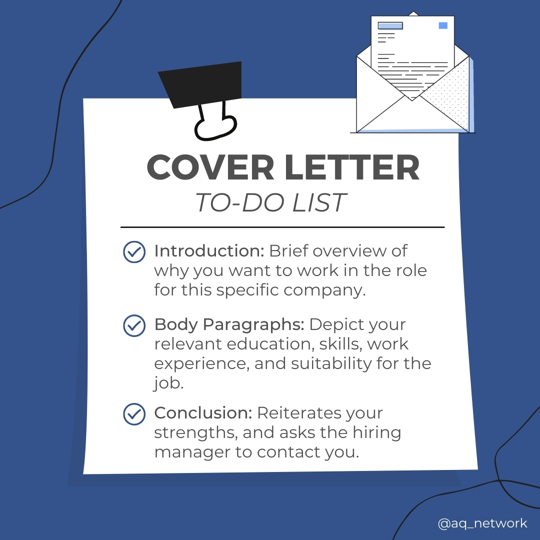 aq_network's tweet photo. It's important to have a proper structure for your cover letter - it lets the hiring manager know relevant information with regard to your interest in their company and the specific role. ✨ https://t.co/eecFkvGElr #aqnetwork #coverletter #jobs #careercounselling https://t.co/x02KGTE9Ue