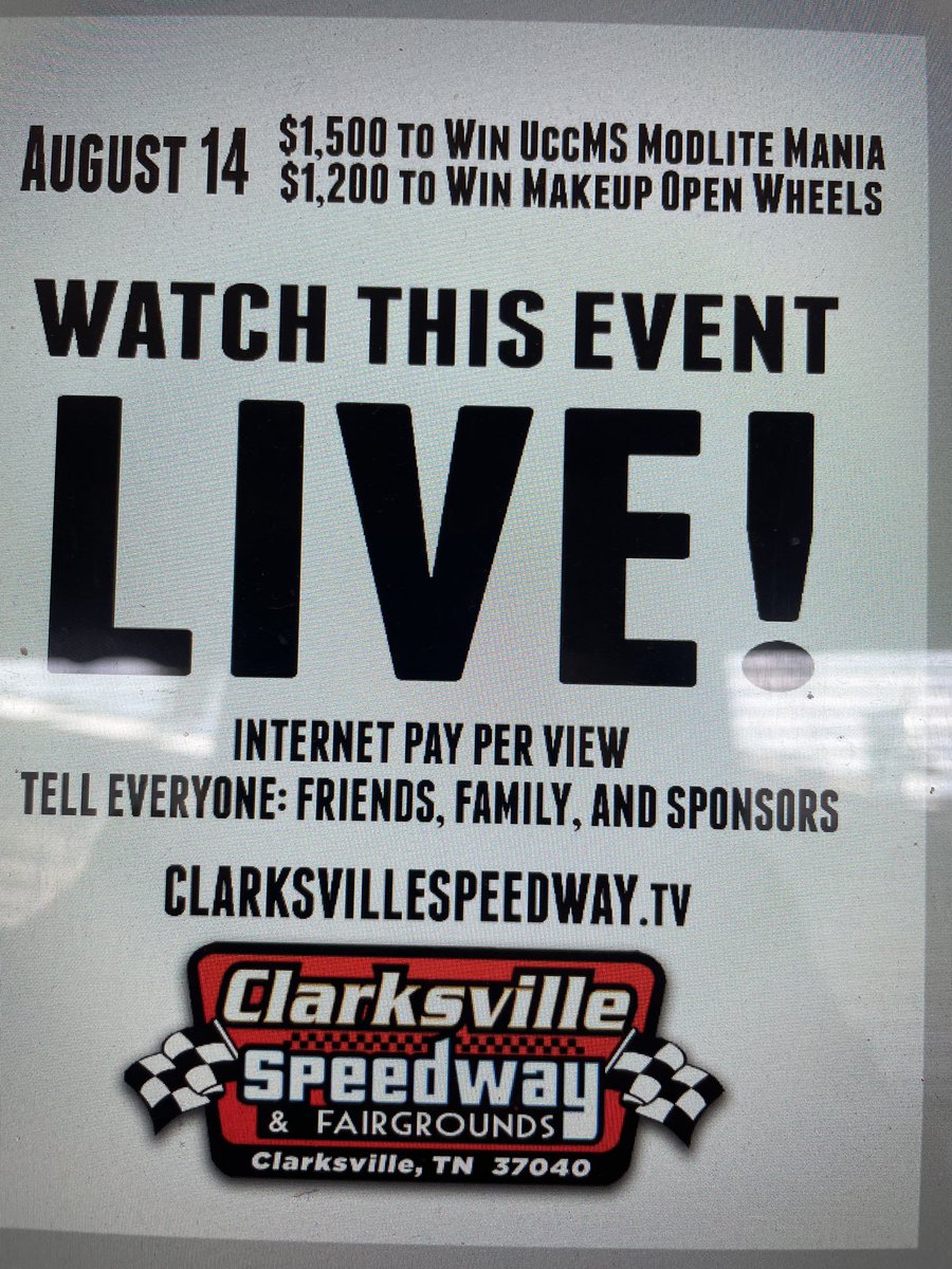 Watch all the laps live tonight at 6 pm.   At ClarksvilleSpeedway.tv
