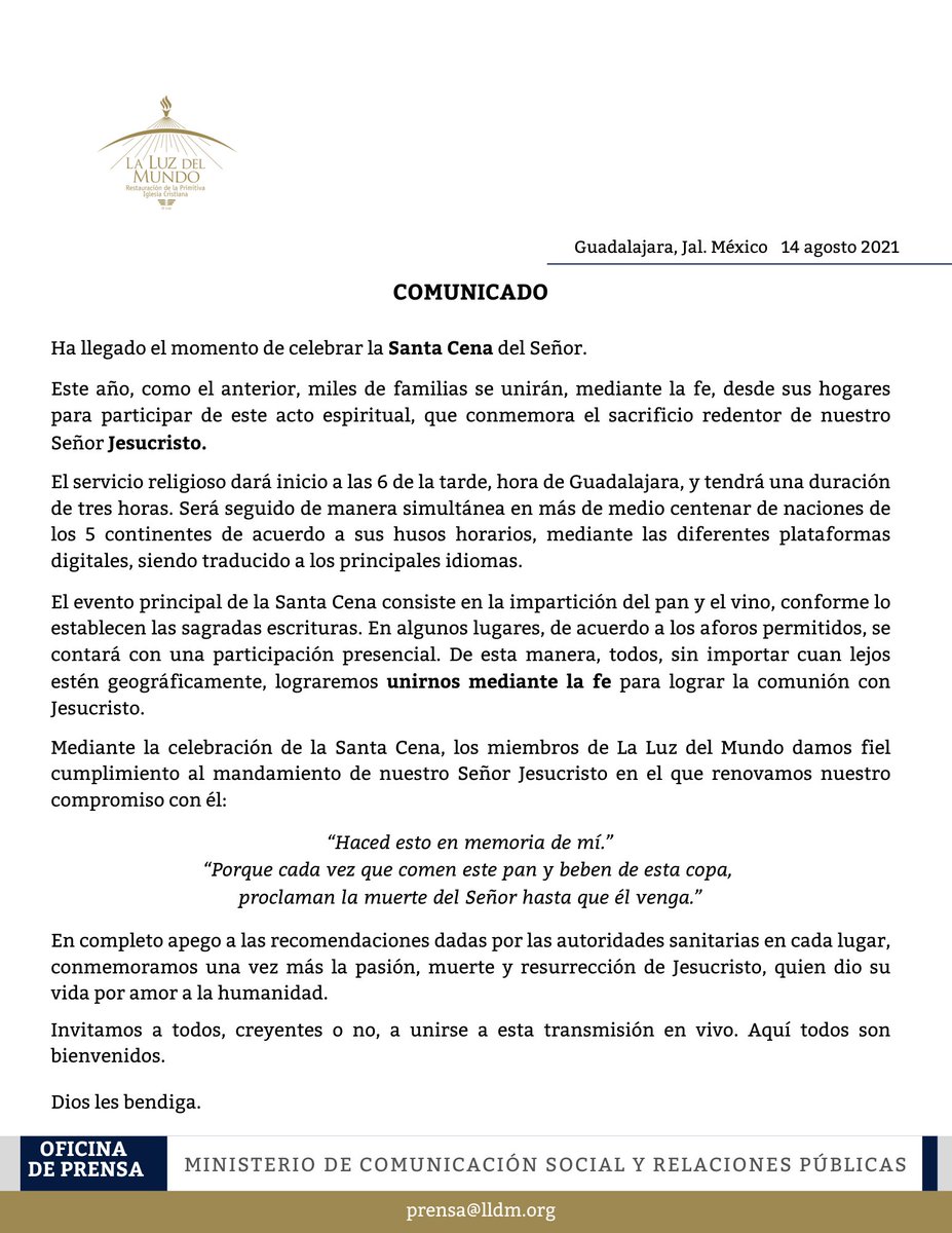 Comunicado #SantaCena2021

Celebremos en unidad, a la distancia, la Cena del Señor, en memoria de su sacrificio redentor por toda la humanidad.