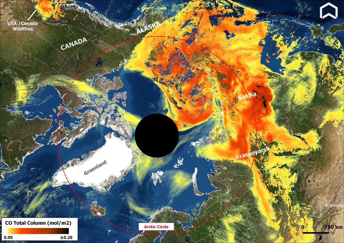 Siberian Inferno borderless! #Copernicus #Sentinel5p shows the smoke from #wildfires2021Russia crossing the #Arctic Ocean and reaching #Alaska yesterday, Aug. 13, confirming CAMS forecast. Also visibile emissions by #California and #Canadawildfires. #AirQuality #siberianfire <a href="/WMO/">World Meteorological Organization</a>