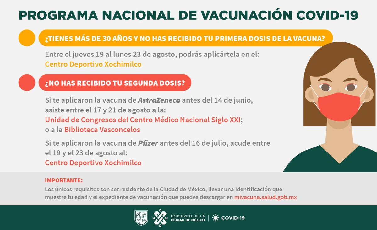 👁️ Atención: si tienes 30 años o más  👩🏽🧑🏽y no has recibido tu primera o segunda dosis de la vacuna contra #COVID19, podrás hacerlo en los próximos días en alguno de los centros de vacunación instalados.
 
Los detalles puedes revisarlos en la siguiente infografía 👇🏽