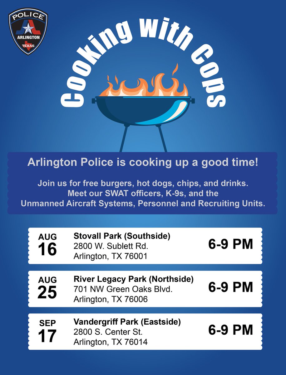 Back by popular demand… we have 3 “Cooking with Cops” Events happening soon. Mark your calendars now to attend next Monday at Stovall Park form 6-9 p.m. We cook the food &amp; it provides you and your children an opportunity to get to know our service team helping <a href="/CityOfArlington/">City of Arlington</a>
