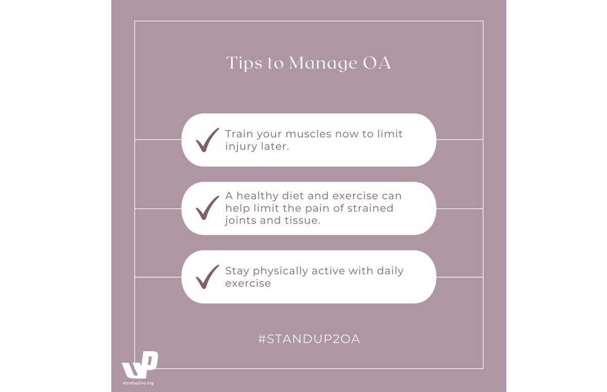 Here are three excellent tips to manage your #osteoarthritis. Comment below your favorite OA management technique. #StandUp2OA #managepain #healthylifestyle